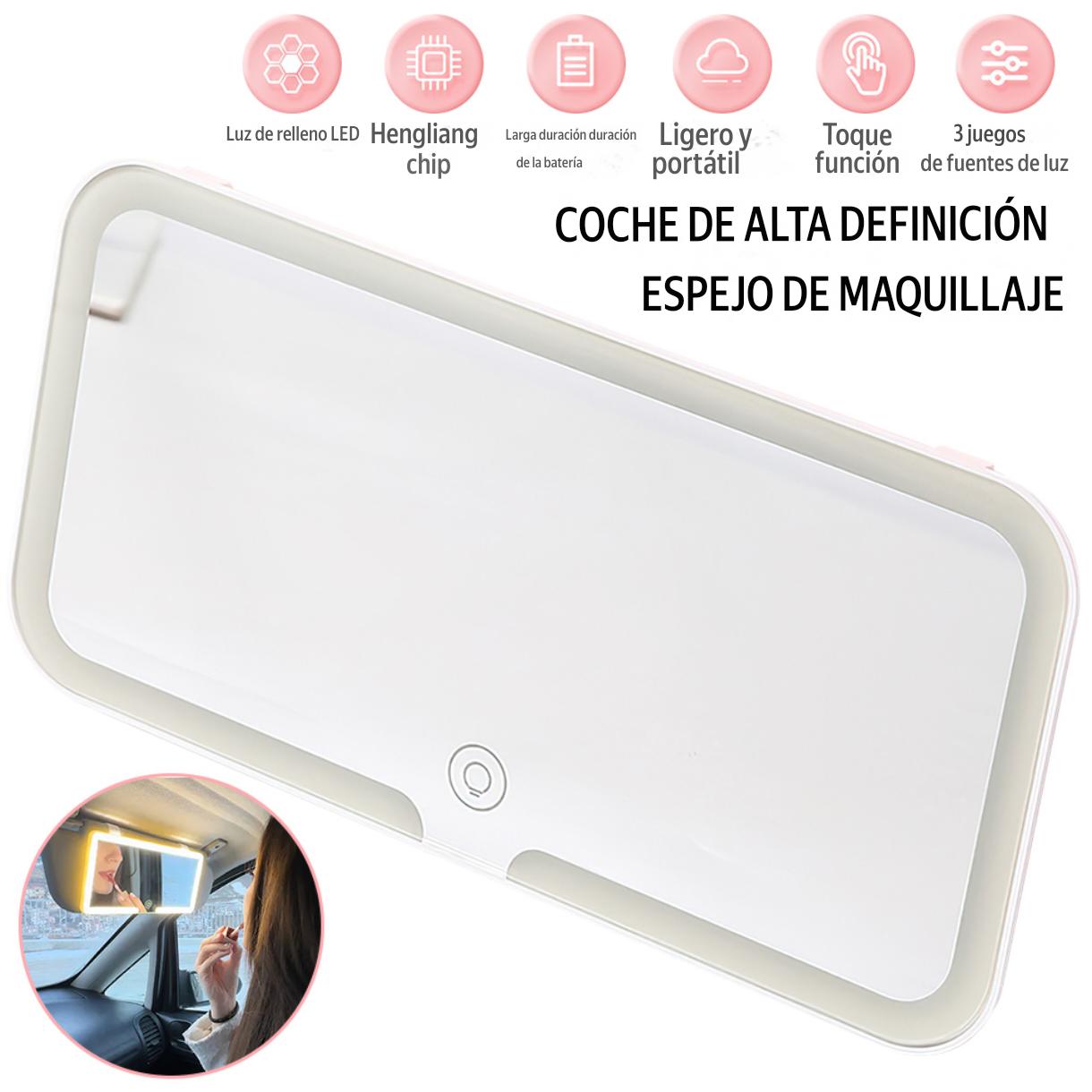 Espejo Tocador LED para Visera de Auto (recargable, con luz regulable, diseño universal)